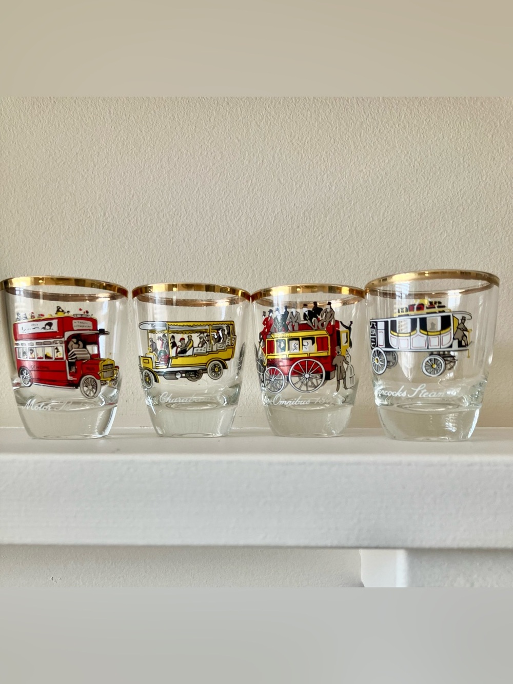 Vintage Gold-Rimmed shot Glasses: antique car transportation theme - set of 4